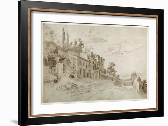 Houses Among the Ruins with a Distant View of Rome (Pen and Ink with Wash on Paper)-Sebastian Vrancx-Framed Giclee Print