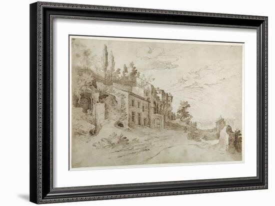 Houses Among the Ruins with a Distant View of Rome (Pen and Ink with Wash on Paper)-Sebastian Vrancx-Framed Giclee Print