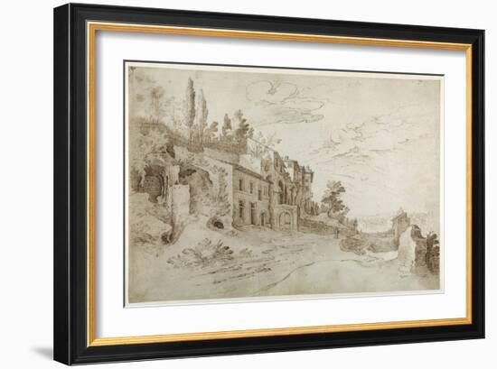 Houses Among the Ruins with a Distant View of Rome (Pen and Ink with Wash on Paper)-Sebastian Vrancx-Framed Giclee Print