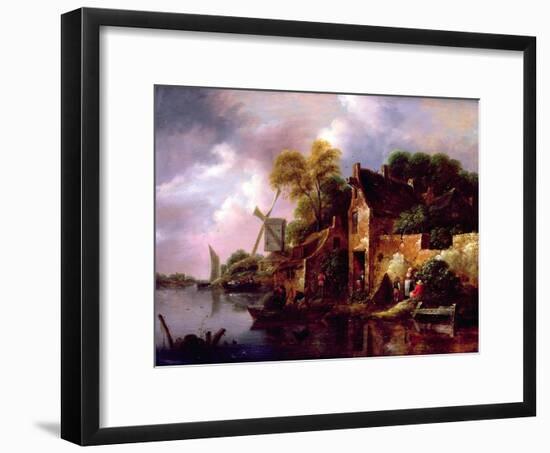 Houses and a Windmill by a River with Boats and Fisherfolk-Claes Molenaer-Framed Giclee Print