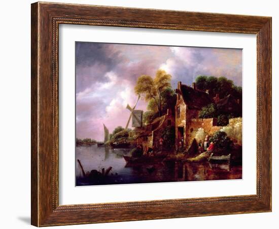 Houses and a Windmill by a River with Boats and Fisherfolk-Claes Molenaer-Framed Giclee Print