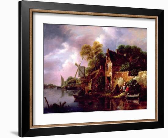 Houses and a Windmill by a River with Boats and Fisherfolk-Claes Molenaer-Framed Giclee Print