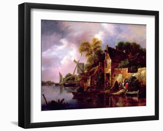 Houses and a Windmill by a River with Boats and Fisherfolk-Claes Molenaer-Framed Giclee Print