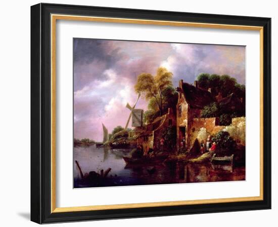 Houses and a Windmill by a River with Boats and Fisherfolk-Claes Molenaer-Framed Giclee Print