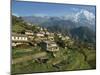 Houses and Terraced Fields at Gurung Village, Ghandrung, with Annapurna South, Himalayas, Nepal-Waltham Tony-Mounted Photographic Print