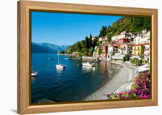 Houses at Waterfront with Boats on Lake Como, Varenna, Lombardy, Italy-null-Framed Stretched Canvas