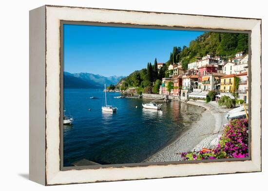 Houses at Waterfront with Boats on Lake Como, Varenna, Lombardy, Italy-null-Framed Stretched Canvas