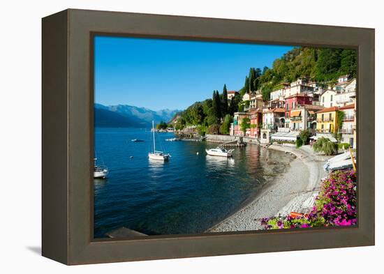 Houses at Waterfront with Boats on Lake Como, Varenna, Lombardy, Italy-null-Framed Stretched Canvas