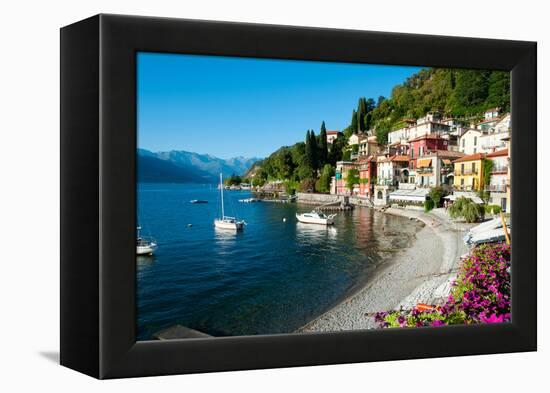 Houses at Waterfront with Boats on Lake Como, Varenna, Lombardy, Italy-null-Framed Stretched Canvas