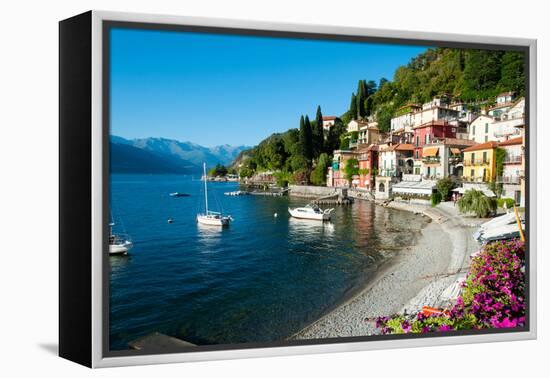 Houses at Waterfront with Boats on Lake Como, Varenna, Lombardy, Italy-null-Framed Stretched Canvas