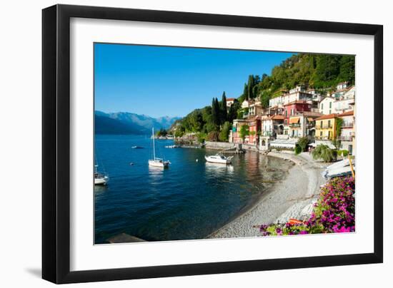 Houses at Waterfront with Boats on Lake Como, Varenna, Lombardy, Italy-null-Framed Premium Photographic Print