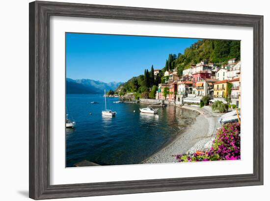 Houses at Waterfront with Boats on Lake Como, Varenna, Lombardy, Italy-null-Framed Photographic Print