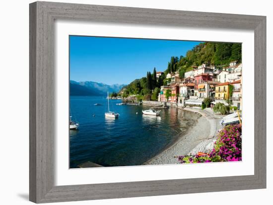 Houses at Waterfront with Boats on Lake Como, Varenna, Lombardy, Italy--Framed Photographic Print