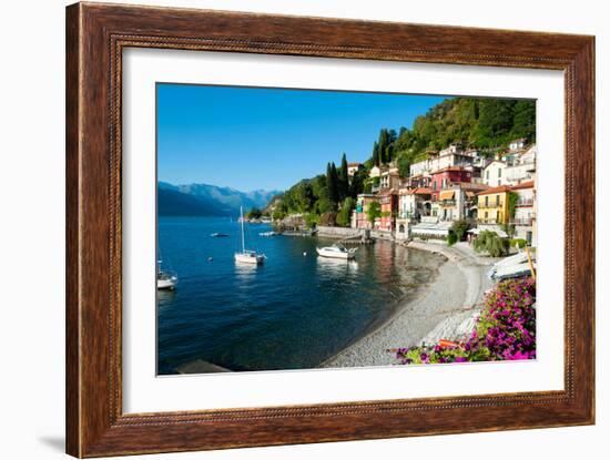 Houses at Waterfront with Boats on Lake Como, Varenna, Lombardy, Italy-null-Framed Photographic Print