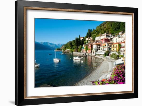 Houses at Waterfront with Boats on Lake Como, Varenna, Lombardy, Italy--Framed Photographic Print