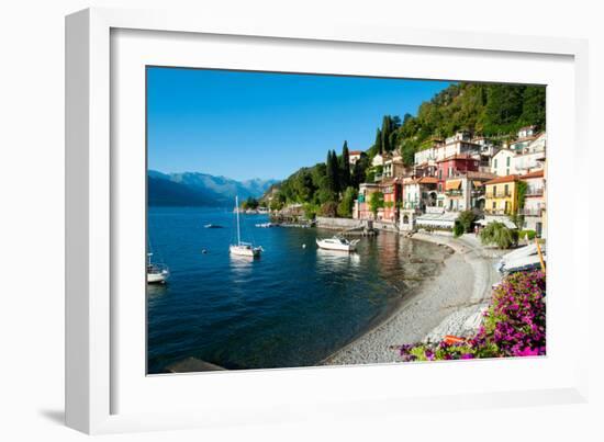 Houses at Waterfront with Boats on Lake Como, Varenna, Lombardy, Italy--Framed Photographic Print