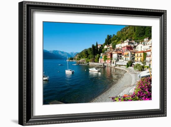 Houses at Waterfront with Boats on Lake Como, Varenna, Lombardy, Italy--Framed Photographic Print