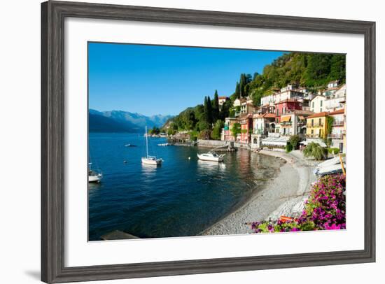 Houses at Waterfront with Boats on Lake Como, Varenna, Lombardy, Italy--Framed Photographic Print