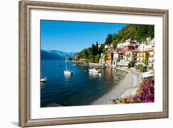 Houses at Waterfront with Boats on Lake Como, Varenna, Lombardy, Italy-null-Framed Photographic Print