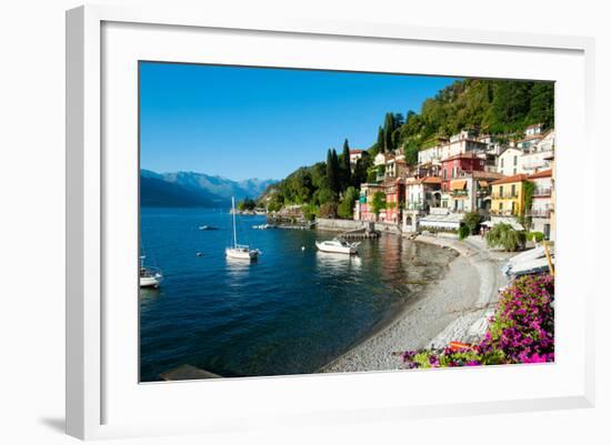 Houses at Waterfront with Boats on Lake Como, Varenna, Lombardy, Italy-null-Framed Photographic Print