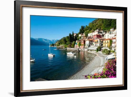 Houses at Waterfront with Boats on Lake Como, Varenna, Lombardy, Italy-null-Framed Photographic Print