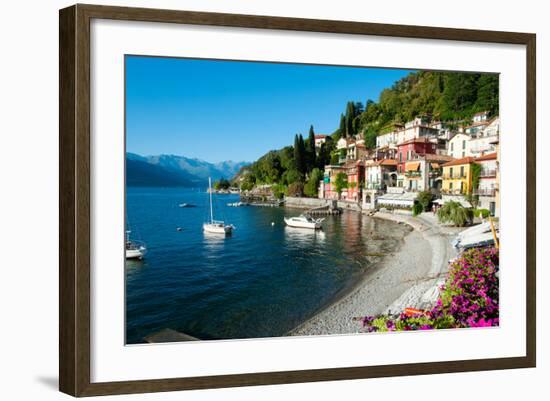 Houses at Waterfront with Boats on Lake Como, Varenna, Lombardy, Italy-null-Framed Photographic Print