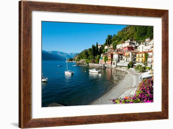 Houses at Waterfront with Boats on Lake Como, Varenna, Lombardy, Italy-null-Framed Photographic Print