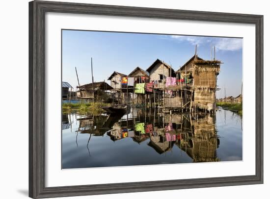 Houses Built on Stilts in the Village of Nampan on the Edge of Inle Lake-Lee Frost-Framed Photographic Print