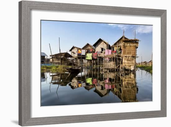 Houses Built on Stilts in the Village of Nampan on the Edge of Inle Lake-Lee Frost-Framed Photographic Print