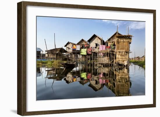 Houses Built on Stilts in the Village of Nampan on the Edge of Inle Lake-Lee Frost-Framed Photographic Print