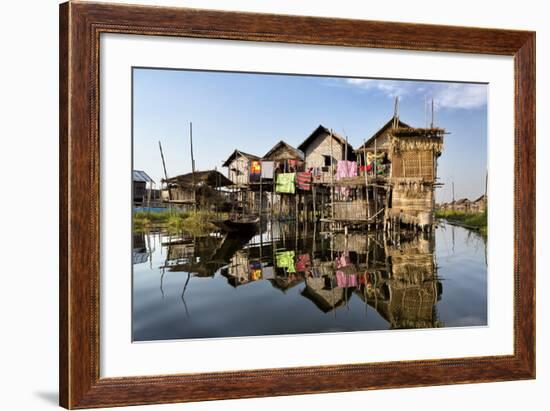 Houses Built on Stilts in the Village of Nampan on the Edge of Inle Lake-Lee Frost-Framed Photographic Print