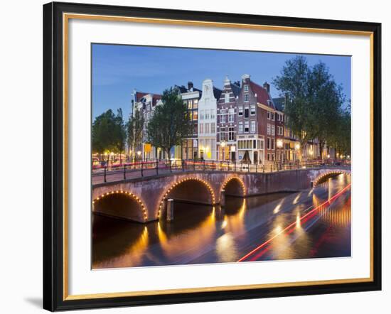 Houses in the Keizersgracht, Reguliersgracht, Lights, Reflexion, in the Evening-Rainer Mirau-Framed Photographic Print