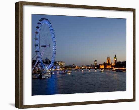 Houses of Parliament, Westminster and London Eye at Dusk, London, England, United Kingdom, Europe-Charles Bowman-Framed Photographic Print