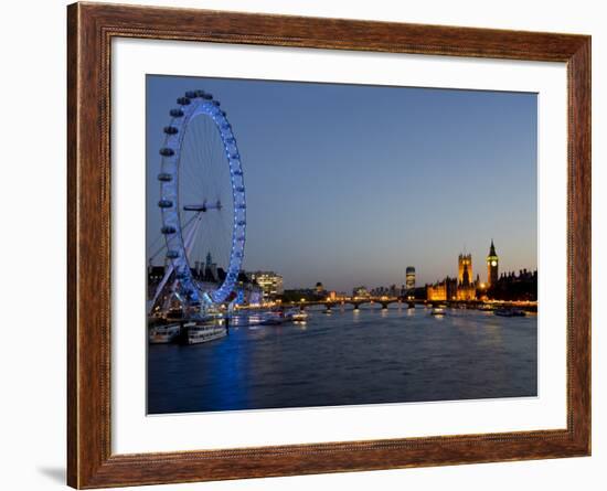 Houses of Parliament, Westminster and London Eye at Dusk, London, England, United Kingdom, Europe-Charles Bowman-Framed Photographic Print