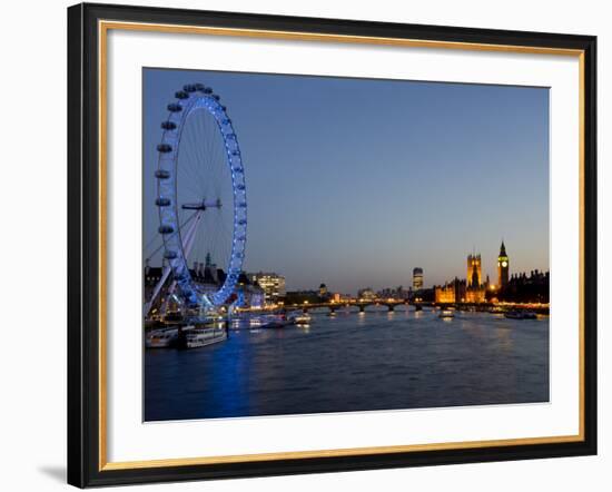 Houses of Parliament, Westminster and London Eye at Dusk, London, England, United Kingdom, Europe-Charles Bowman-Framed Photographic Print