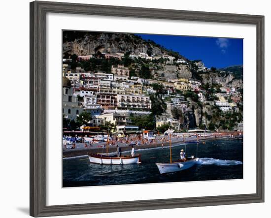 Houses Terraced into Rugged Amalfi Coastline, Boats in Foreground, Positano, Italy-Dallas Stribley-Framed Photographic Print