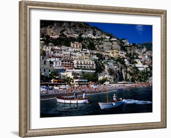 Houses Terraced into Rugged Amalfi Coastline, Boats in Foreground, Positano, Italy-Dallas Stribley-Framed Photographic Print