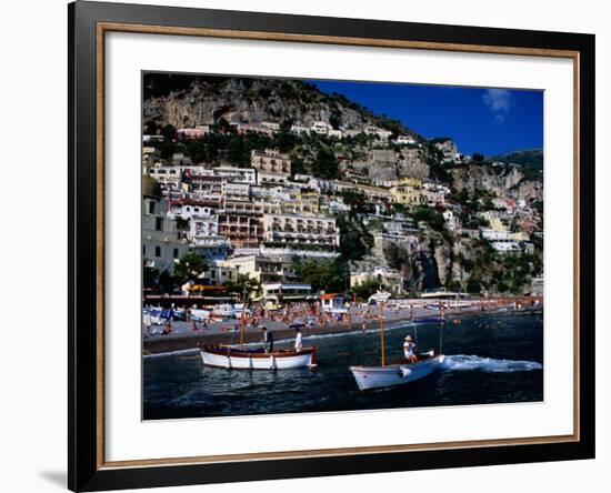 Houses Terraced into Rugged Amalfi Coastline, Boats in Foreground, Positano, Italy-Dallas Stribley-Framed Photographic Print