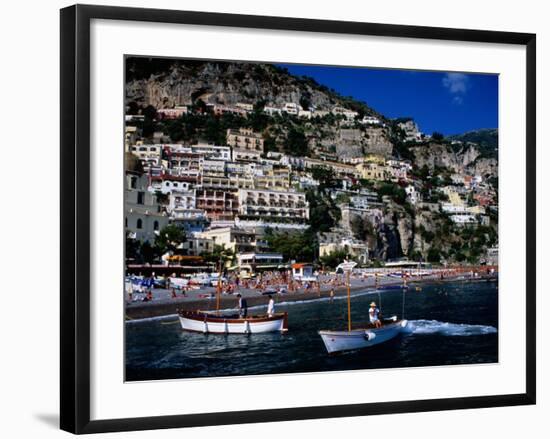 Houses Terraced into Rugged Amalfi Coastline, Boats in Foreground, Positano, Italy-Dallas Stribley-Framed Photographic Print