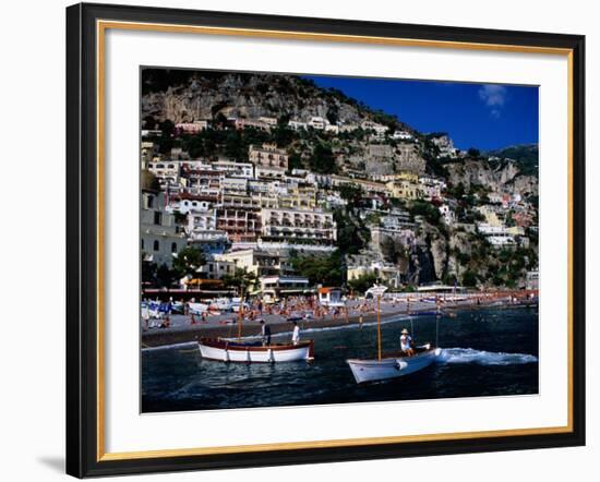 Houses Terraced into Rugged Amalfi Coastline, Boats in Foreground, Positano, Italy-Dallas Stribley-Framed Photographic Print