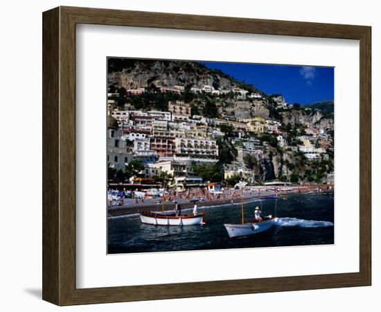 Houses Terraced into Rugged Amalfi Coastline, Boats in Foreground, Positano, Italy-Dallas Stribley-Framed Photographic Print