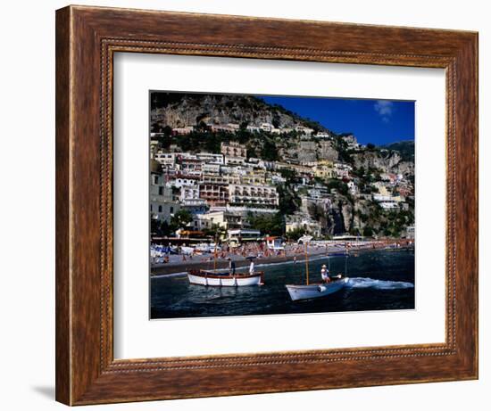 Houses Terraced into Rugged Amalfi Coastline, Boats in Foreground, Positano, Italy-Dallas Stribley-Framed Photographic Print