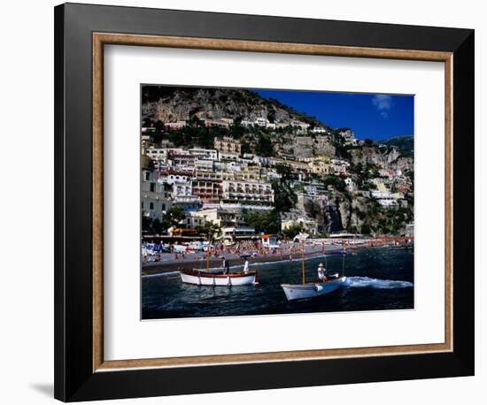 Houses Terraced into Rugged Amalfi Coastline, Boats in Foreground, Positano, Italy-Dallas Stribley-Framed Photographic Print