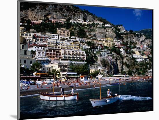 Houses Terraced into Rugged Amalfi Coastline, Boats in Foreground, Positano, Italy-Dallas Stribley-Mounted Photographic Print