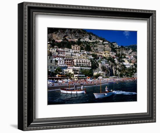 Houses Terraced into Rugged Amalfi Coastline, Boats in Foreground, Positano, Italy-Dallas Stribley-Framed Photographic Print