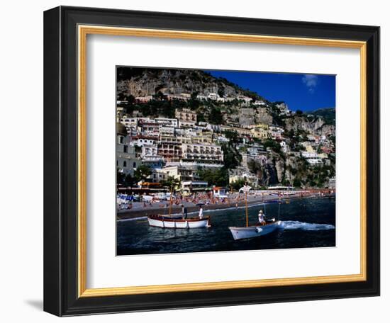 Houses Terraced into Rugged Amalfi Coastline, Boats in Foreground, Positano, Italy-Dallas Stribley-Framed Photographic Print