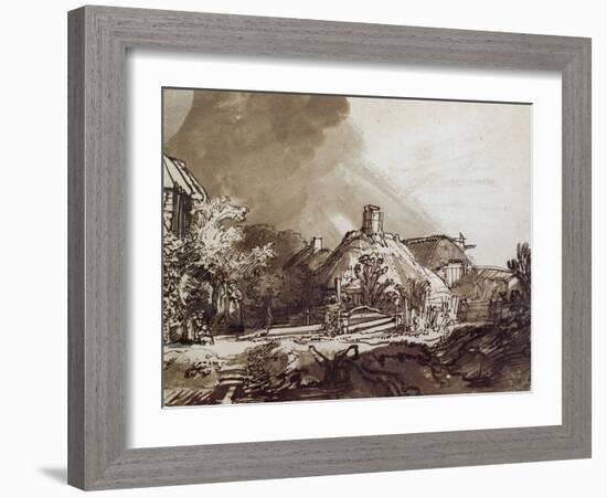 Houses Under a Stormy Sky, Pen and Brown Ink Drawing-Rembrandt van Rijn-Framed Giclee Print