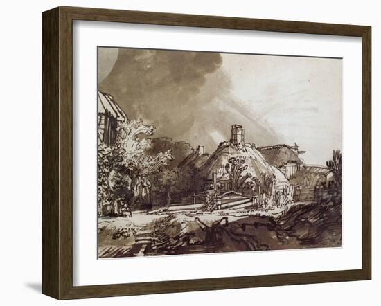 Houses Under a Stormy Sky, Pen and Brown Ink Drawing-Rembrandt van Rijn-Framed Giclee Print