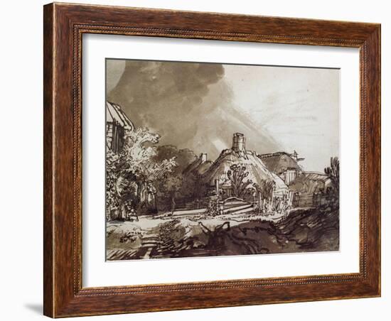 Houses Under a Stormy Sky, Pen and Brown Ink Drawing-Rembrandt van Rijn-Framed Giclee Print