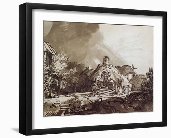 Houses Under a Stormy Sky, Pen and Brown Ink Drawing-Rembrandt van Rijn-Framed Giclee Print